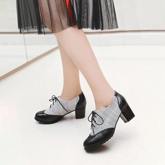 NEW! Women's Retro Wingtip Block Heel Lace Up Oxfords Stacked Chunky High Heels - Picture 3 of 6